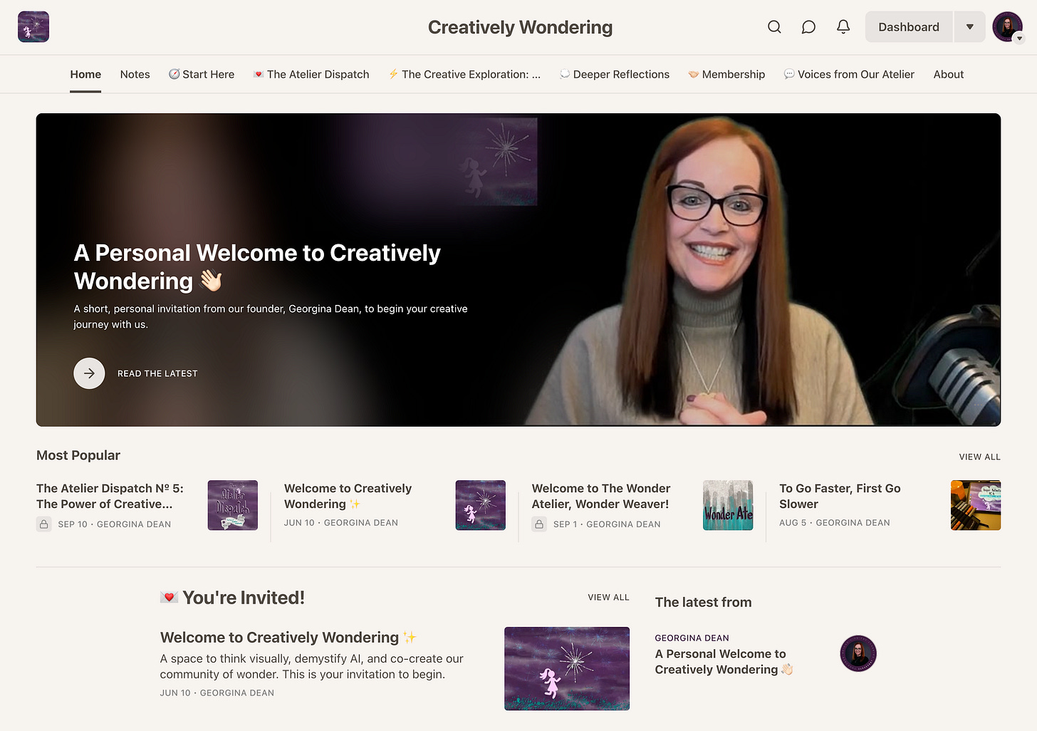 A screenshot of the new, updated homepage for the Creatively Wondering Substack publication. It features a full-width hero banner, a grid of "Most Popular" posts, and a chronological feed of recent articles, creating a dynamic, magazine-style layout.