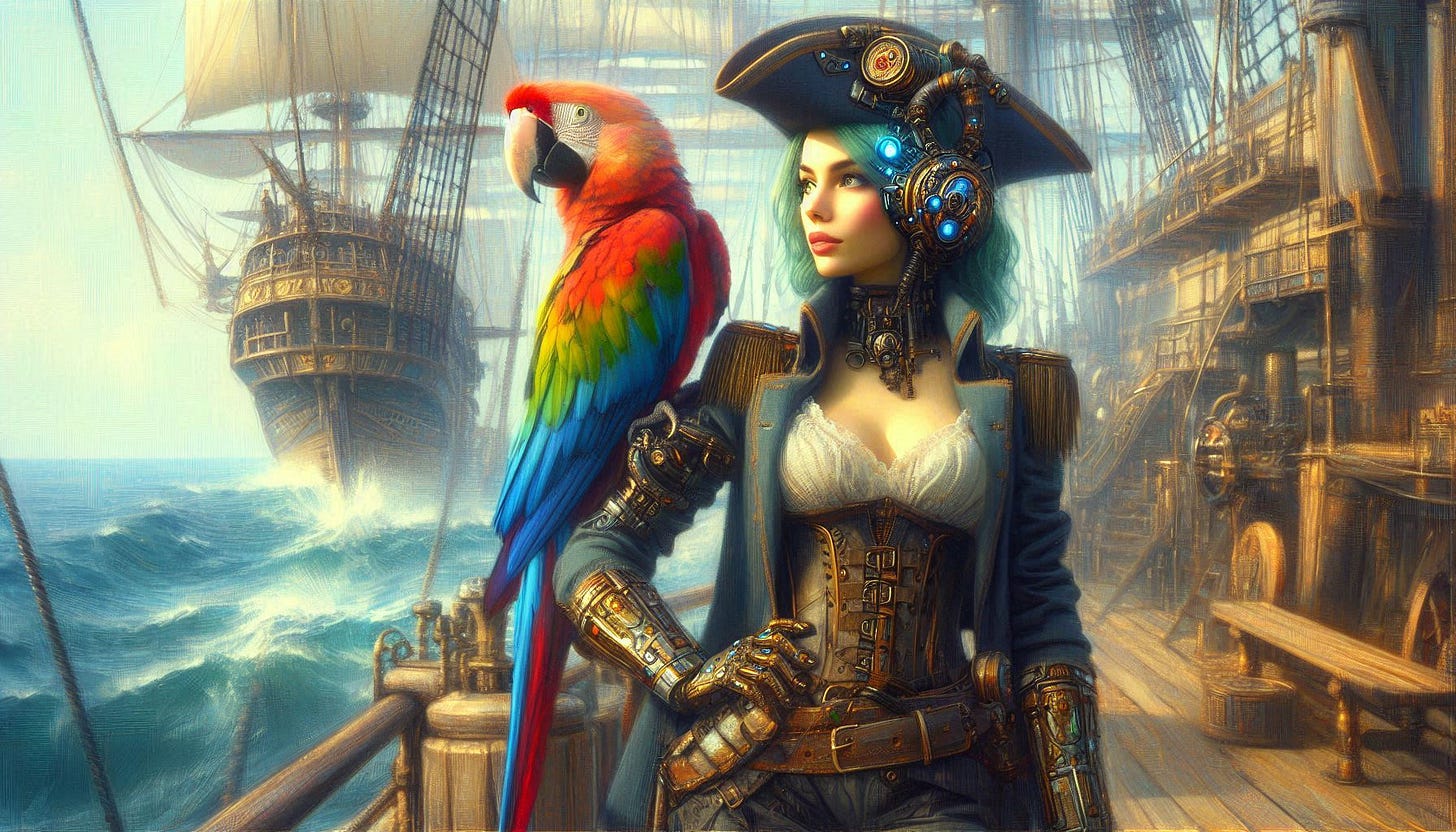 A cyber-parrot sits on the shoulder of a pretty female pirate who is standing on the deck of a steampunk airship. Slight impressionist style. A cyber-parrot sits on the shoulder of a pretty female pirate who is standing on the deck of a steampunk airship. Slight impressionist style.