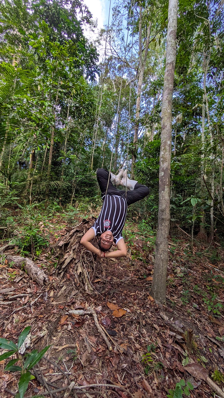Left: Pritam performing his daily morning yoga from a tree vine; Right: wooden spoon, palm leaf flower and a hair pin from Luciano. Enough to make a girl swoon