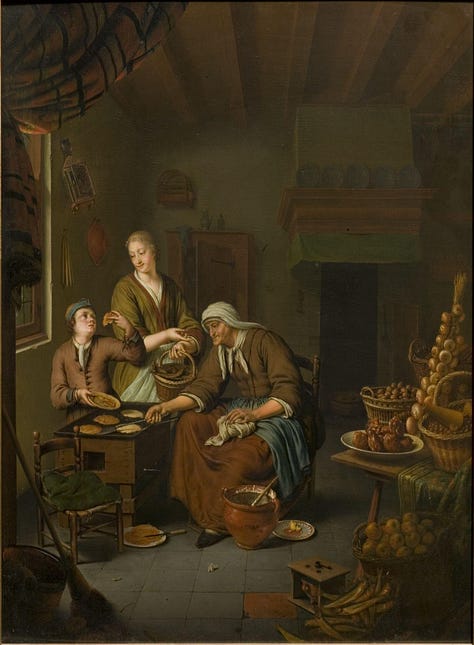 6 images all from Dutch painters - all contains images of pancakes being cooked around fires or being eaten