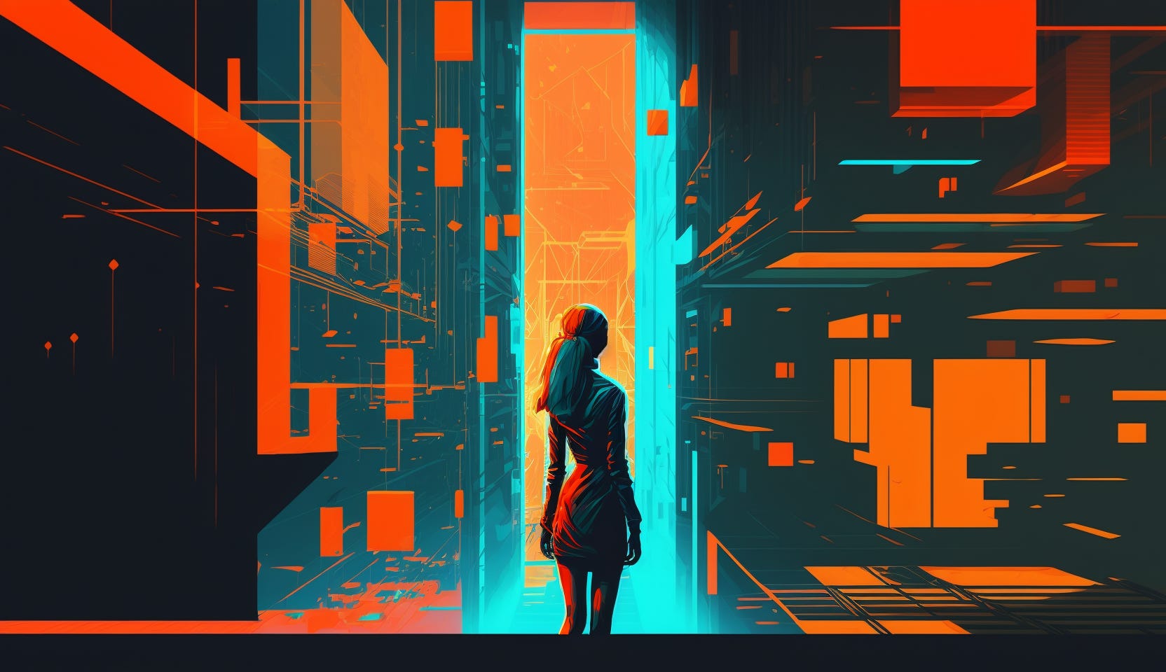 Midjourney prompt: three dimensional puzzle pieces in a cyberspace environment