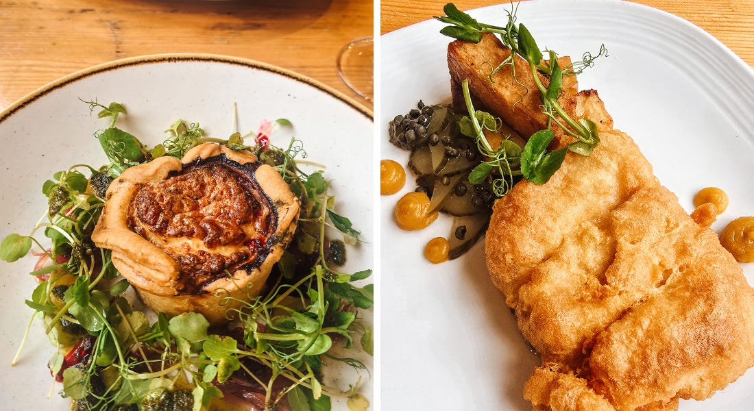 Two pictures of food - one of a plate of quiche and salad and one of fish and chips