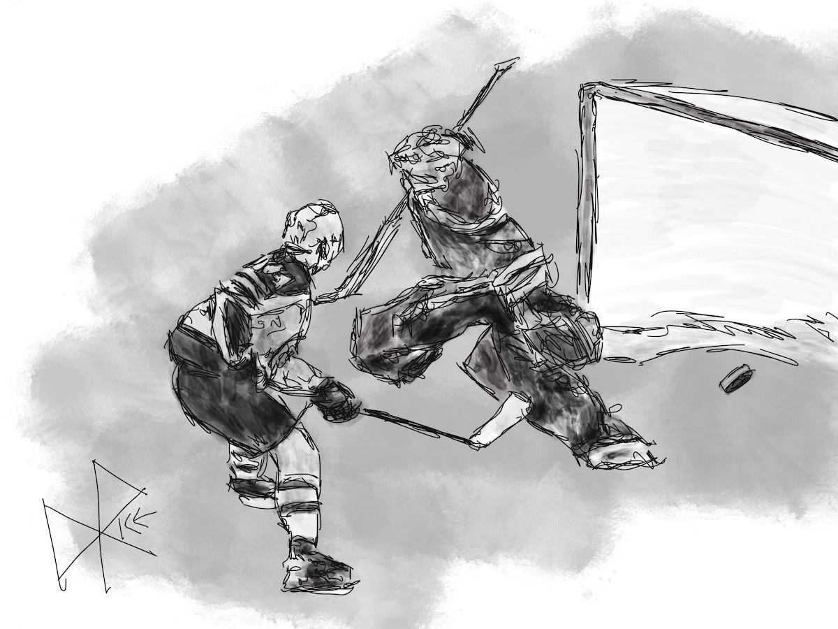 After being fed a beautiful pass from Nino Niederreiter, Josh Morrissey of the Winnipeg Jets scores on the goaltender of the Edmonton Oilers, Stuart Skinner on March 20, 2025 in Edmonton. Sketch art by Don Rice.