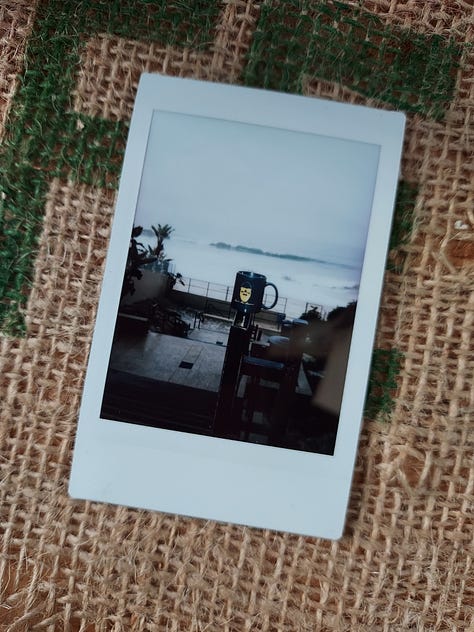 Instant photographs of coffee mugs.