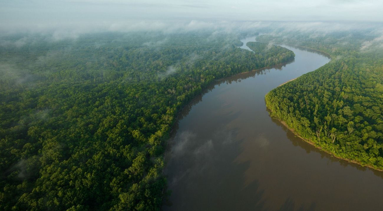 Willowy clouds float over a river's calm waters. Willowy clouds float over a river's calm waters.