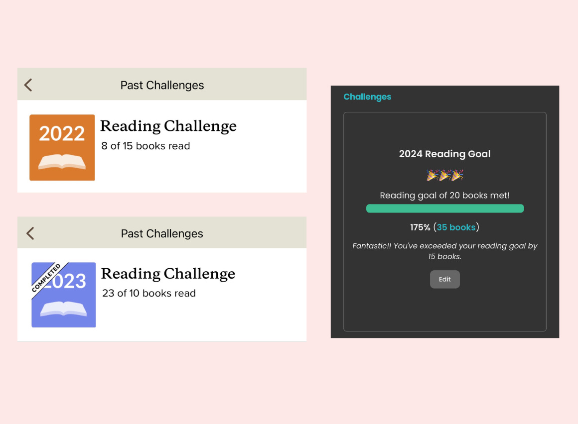Screenshots from the apps Goodreads and Storygraph showing reading goals from 2022 to 2024. In 2022, there were 8 books read, in 2023 there were 23 books read, and in 2024 there were 35 books read. Screenshots from the apps Goodreads and Storygraph showing reading goals from 2022 to 2024. In 2022, there were 8 books read, in 2023 there were 23 books read, and in 2024 there were 35 books read.