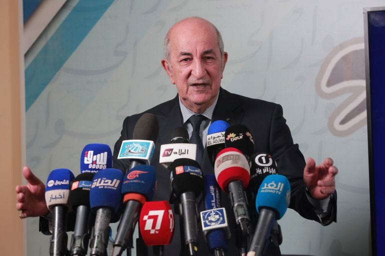 Presidential candidate for the upcoming Dec. 12, presidential election Abdelmajid Tebboune gives a press conference, in Algiers, Algeria, Sunday, 24, 2019. Algeria's presidential campaign is officially starting a week ago with five candidates vying to replace the longtime leader pushed out in April in an ongoing protest movement. (AP Photo/Fateh Guidoum) Presidential candidate for the upcoming Dec. 12, presidential election Abdelmajid Tebboune gives a press conference, in Algiers, Algeria, Sunday, 24, 2019. Algeria's presidential campaign is officially starting a week ago with five candidates vying to replace the longtime leader pushed out in April in an ongoing protest movement. (AP Photo/Fateh Guidoum)