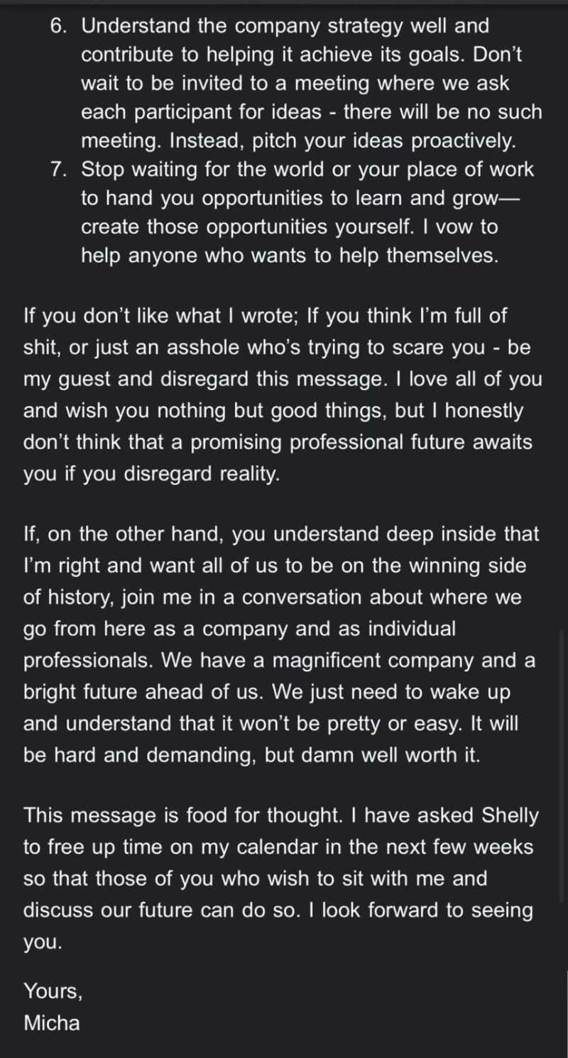 Final section of Fiverr CEO Micha Kaufman’s AI memo, telling employees to stop waiting for permission to adapt, warning that ignoring reality will jeopardize their future. He invites those who agree to join a discussion about where the company goes next.