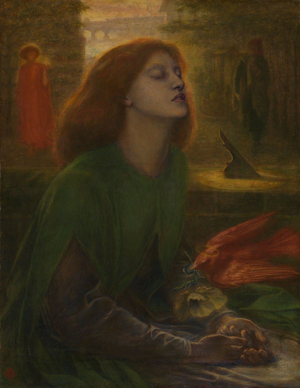 Woman with closed eyes as a bird drops a poppy into her hands Woman with closed eyes as a bird drops a poppy into her hands