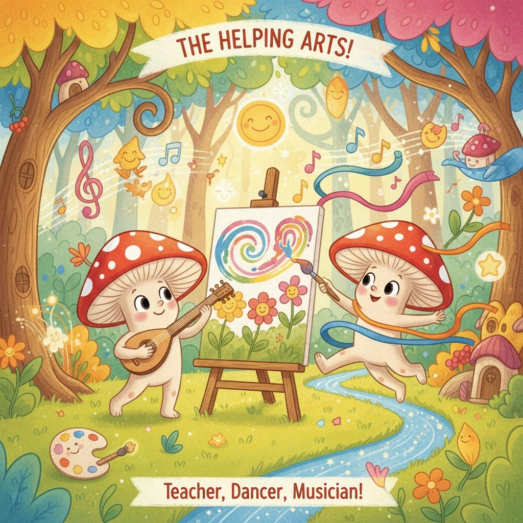 A cartoon of mushrooms playing a guitar and painting

AI-generated content may be incorrect.