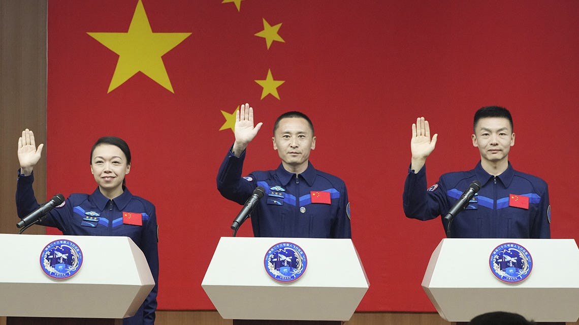 Taikonauts Li Jiaying (left), Zhu Yangzhu (center), and Zhang Zhiyuan (right) meeting the press on May 23rd 2026 ahead of the Shenzhou-23 mission. Taikonauts Li Jiaying (left), Zhu Yangzhu (center), and Zhang Zhiyuan (right) meeting the press on May 23rd 2026 ahead of the Shenzhou-23 mission.