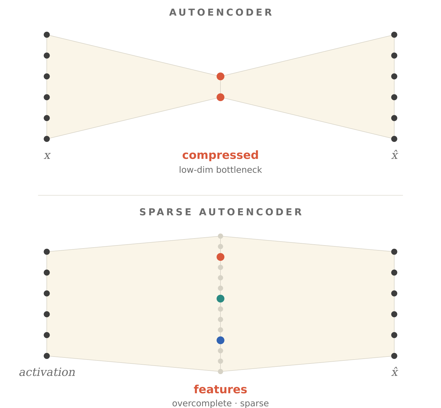 Two diagrams stacked. Top: a classic autoencoder funnels six input units through a narrow two-unit bottleneck and out to six reconstructed units. Bottom: a sparse autoencoder fans six input units out to fourteen feature units, of which only three are active, and back down to six reconstructed units.