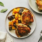 Crispy sage butter chicken thighs with roasted mushrooms and squash