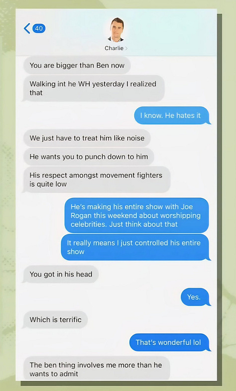 Charlie Kirk’s private messages show how deeply he distrusted Ben Shapiro — calling his worldview “damaging,” “jealous,” and even warning that Shapiro was “sending his incestuous brother to try and kill us.” Erika Kirk elevating Shapiro after Charlie’s death was not a tribute — it was a reversal.