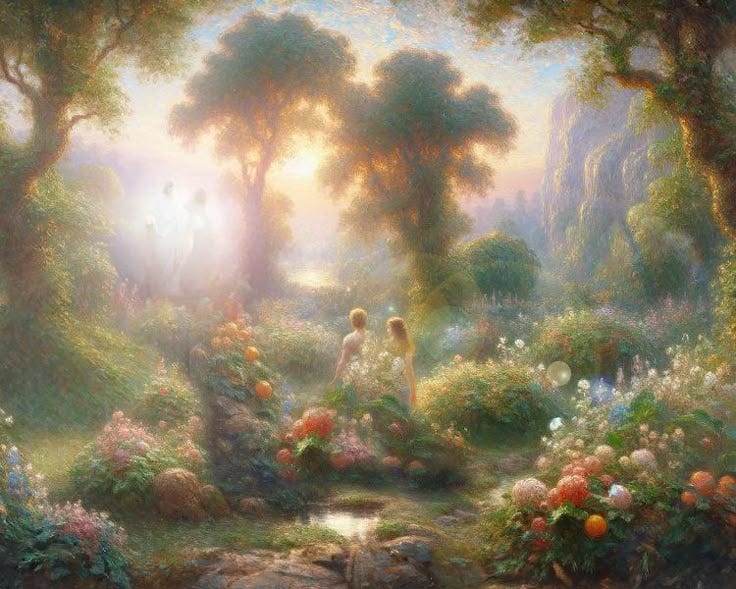 This may contain: a painting of two people in a garden surrounded by flowers and trees with sunlight coming through the trees