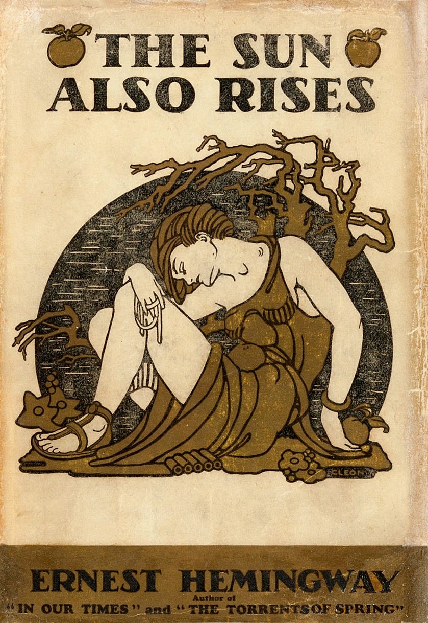 Cover of "The Sun Also Rises" featuring a reclining woman and a crooked tree Cover of "The Sun Also Rises" featuring a reclining woman and a crooked tree