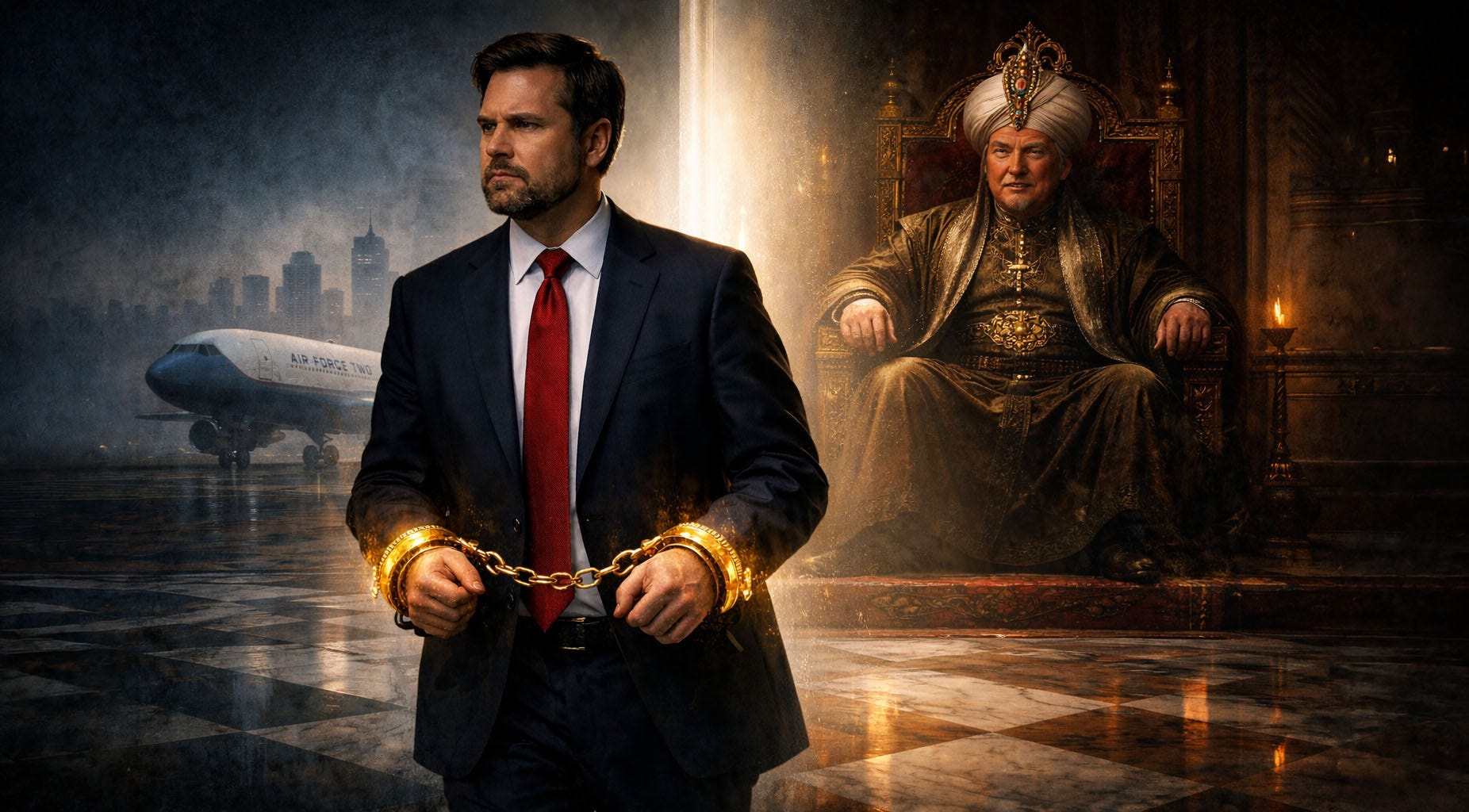 A modern American politician stands in a dim, cinematic setting with golden handcuffs around his wrists, while behind him a throne-seated figure resembling Donald Trump dressed as an Ottoman sultan watches with a controlled, ominous expression, symbolizing power, manipulation, and political entrapment.
