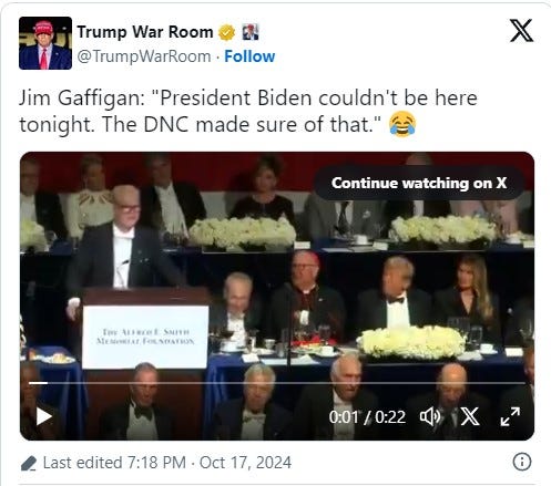 Trump Brutally Roasts Dems; Schumer Shocked, Kamala 'No Show' At Al Smith Dinner.