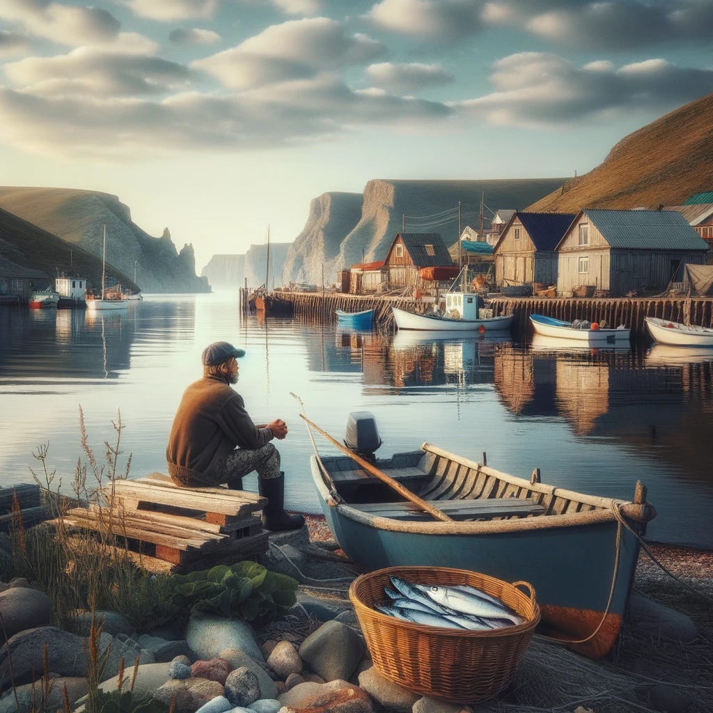 Photo of a picturesque small fishing village with a calm sea. In the foreground, a local fisherman is sitting peacefully by his boat, looking at the horizon. There's a basket with some fish beside him.