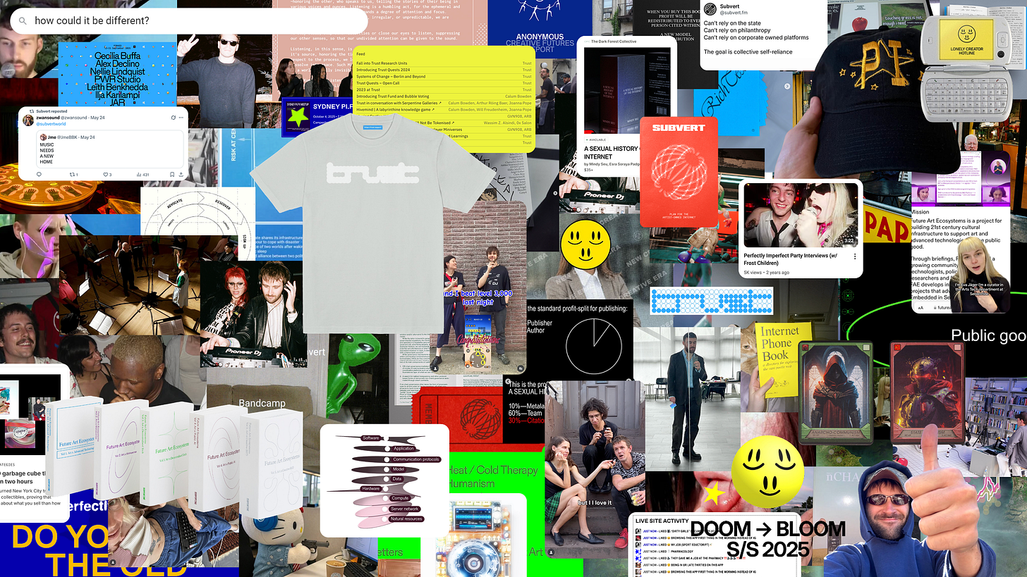 Collage of post-naive internet projects: Subvert, Metalabel, Future Art Ecosystems, Perfectly Imperfect, Trust