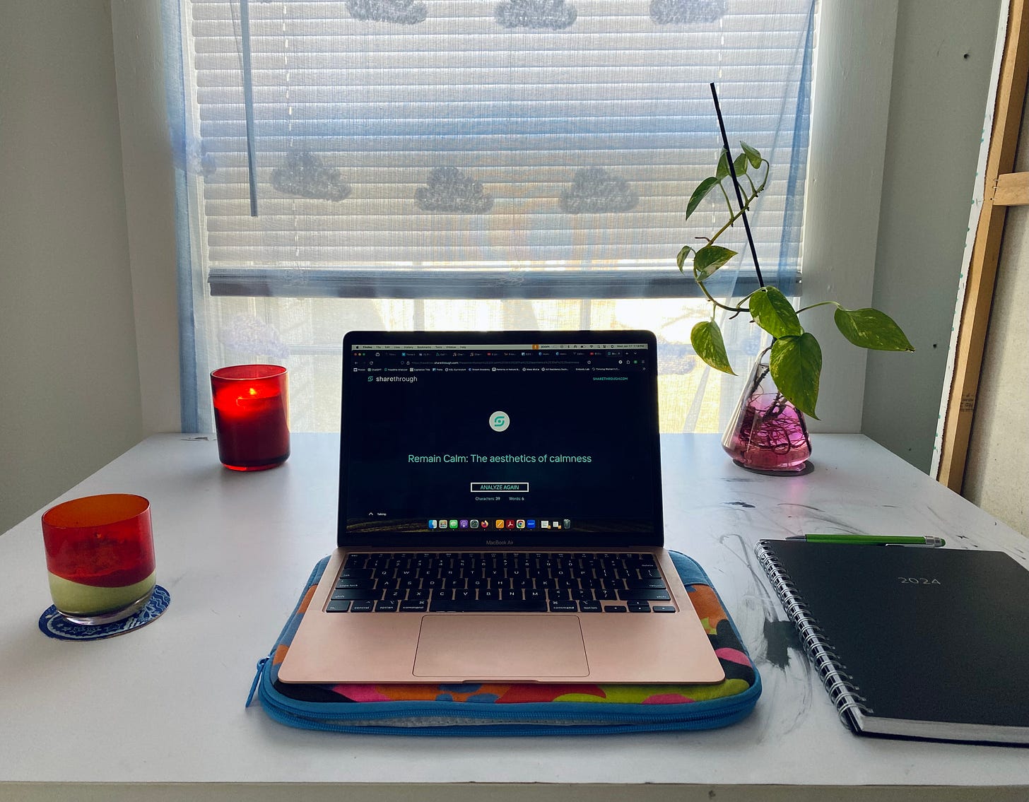 A photo of my laptop on my desk surrounded by a red cup of matcha, a red burning candle, a pothos cutting in a pink beaker, and my black 2024 planner with a green pen. A windown with shade covered in clouds is in the background.
