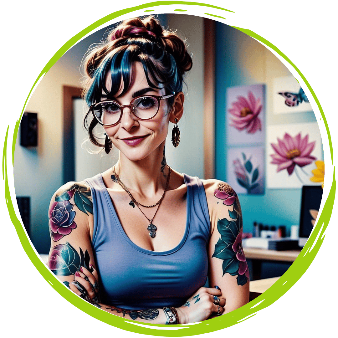 A digital illustration of a young woman standing confidently with her arms crossed in an art studio. She has a warm smile, wearing large round glasses and a fitted tank top that reveals her colorful floral tattoos on her arms. Her wavy brown hair, highlighted with blue and styled up, complements her artistic persona. She is accessorized with dangling earrings and layered necklaces. The background features vibrant floral paintings on the walls, enhancing the creative and dynamic atmosphere. The artwork is enclosed in a circular frame with a bold green border.