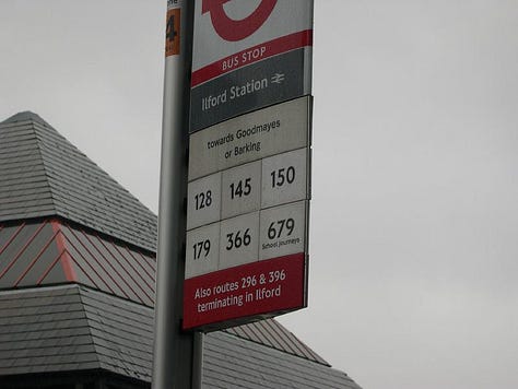 Bus stop, car mileage, route number, by Terry Freedman