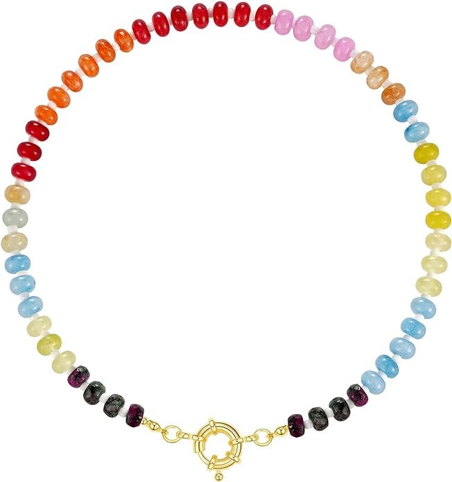 KissYan Beaded Gemstone Necklace for Women, Colorful Boho Bead Choker Necklace Natural Stone Freshwater Pearl Surfer Beach Necklace 14K Gold Plated Summer Handmade Jewelry
