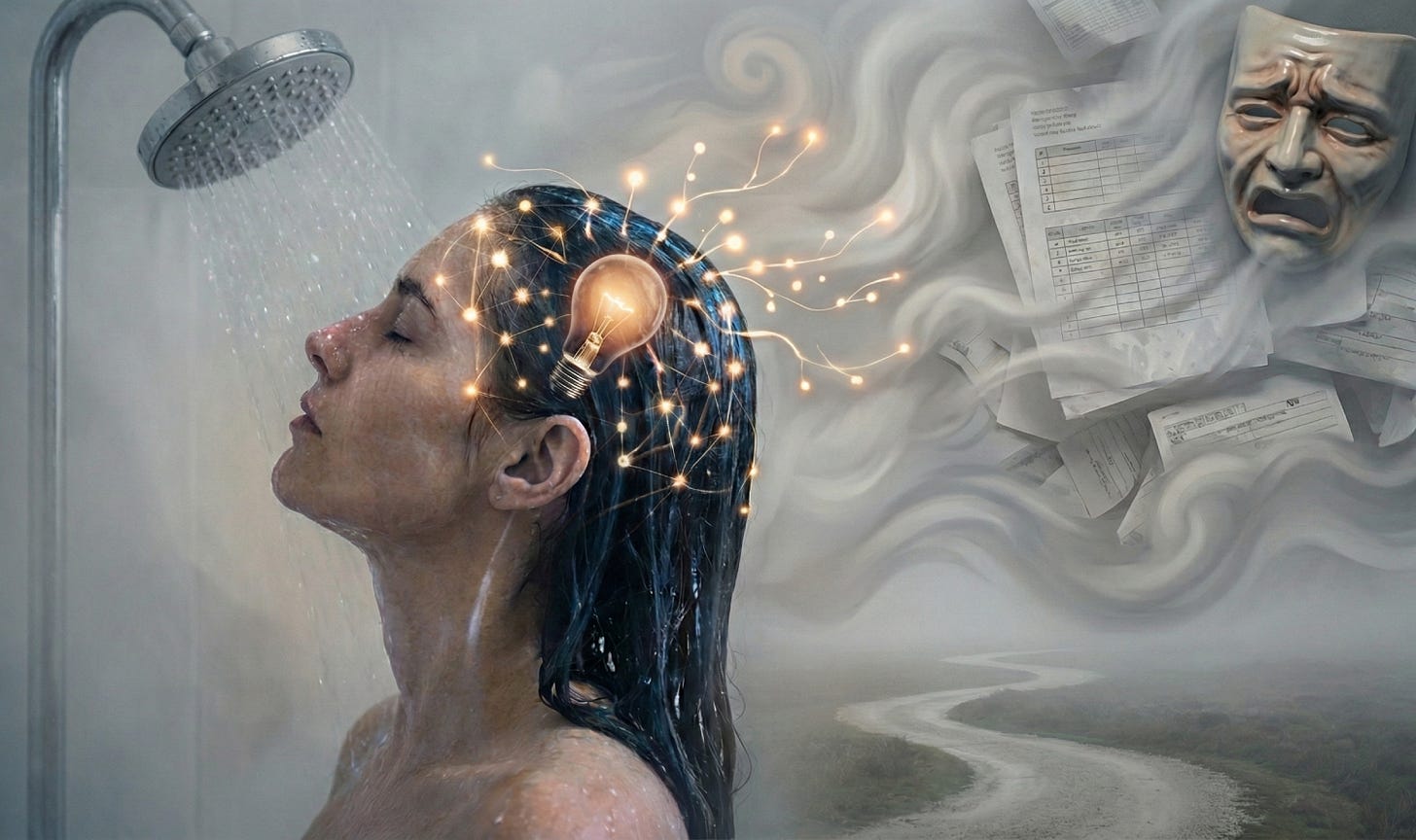woman in a shower, thinking.