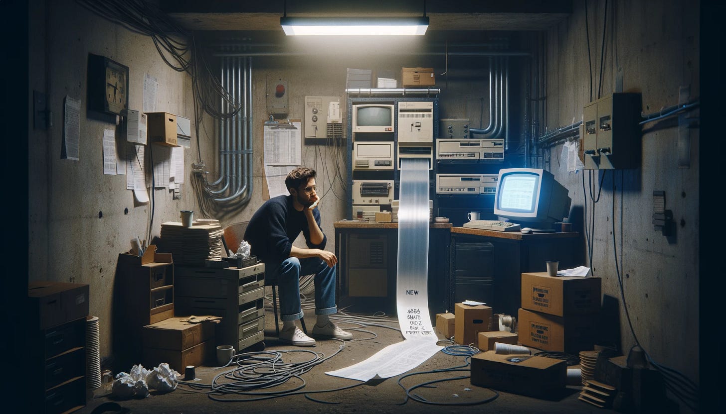 A Product manager sitting in a dingy basement with old computers and legacy hardware.