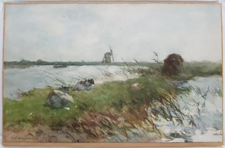 'Polder met molen, koeien en bootje in de vaart' - Aquarel: J.H. Weissenbruch