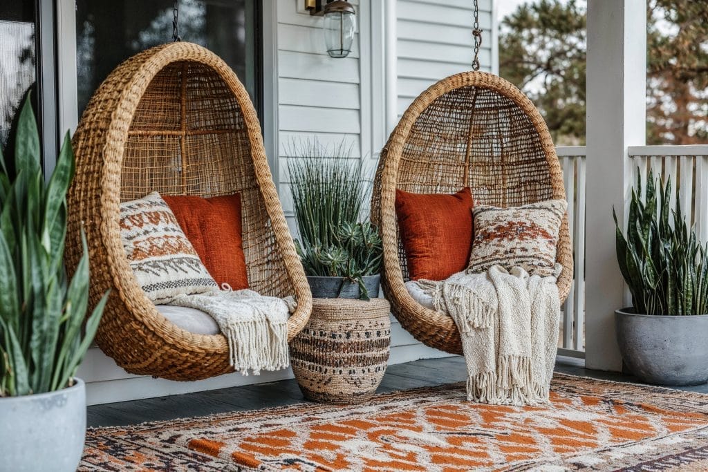 Cozy swings and layered textures in a front porch design by Decorilla Cozy swings and layered textures in a front porch design by Decorilla