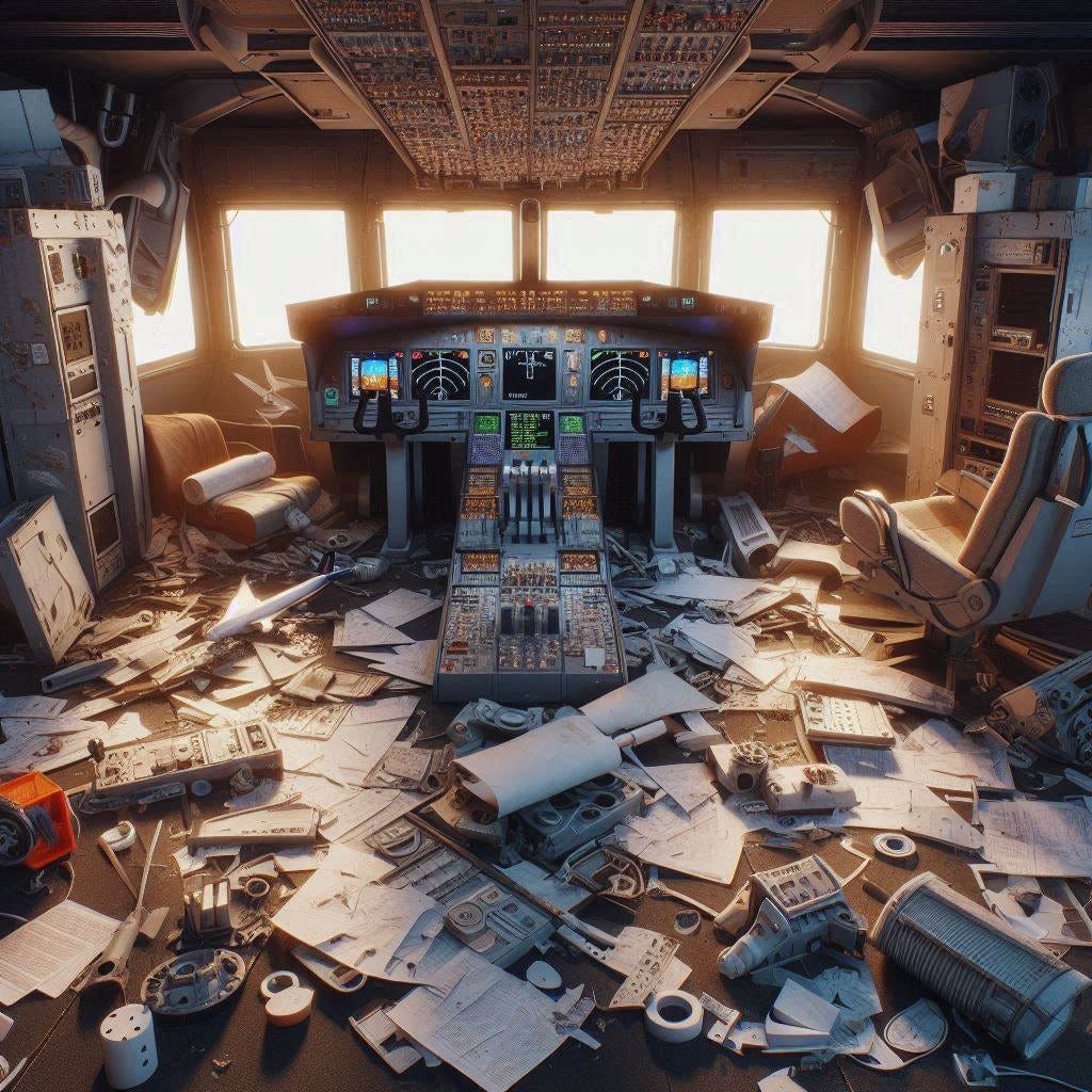 a flight simulator taken to pieces, all over the floor