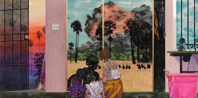 Colorful painting of a family looking at a war scene in a mirrored closet door Colorful painting of a family looking at a war scene in a mirrored closet door