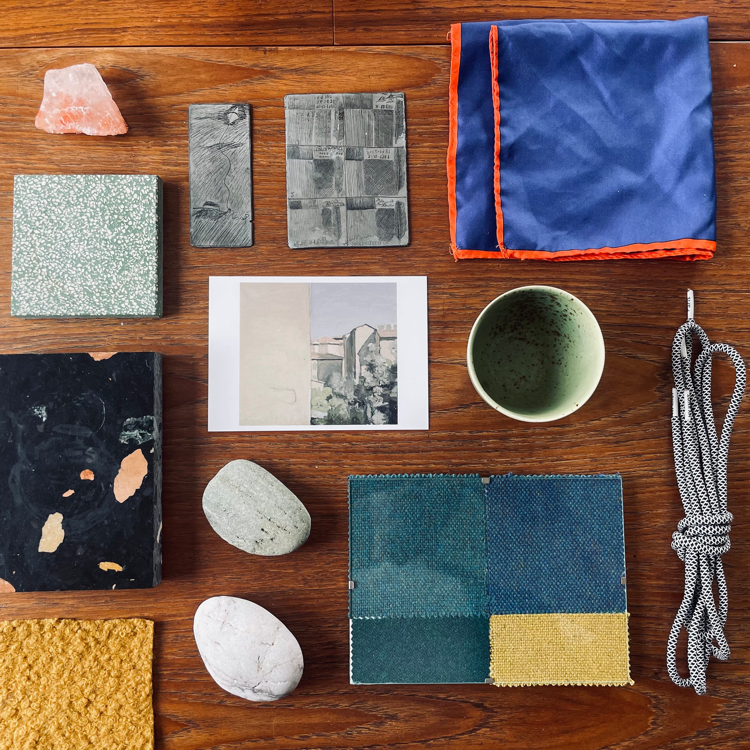 A few nice things from the last year or so. Clockwise from top left: Terrazzo and artificial stone samples; pink rock salt; etchings from a flea market in Fiesole; a blue silk pocket square; shoelaces; a coffee cup from Copenhagen; curtain fabric samples, pebbles from a Devon beach; a postcard from the Estorick Collection in London.