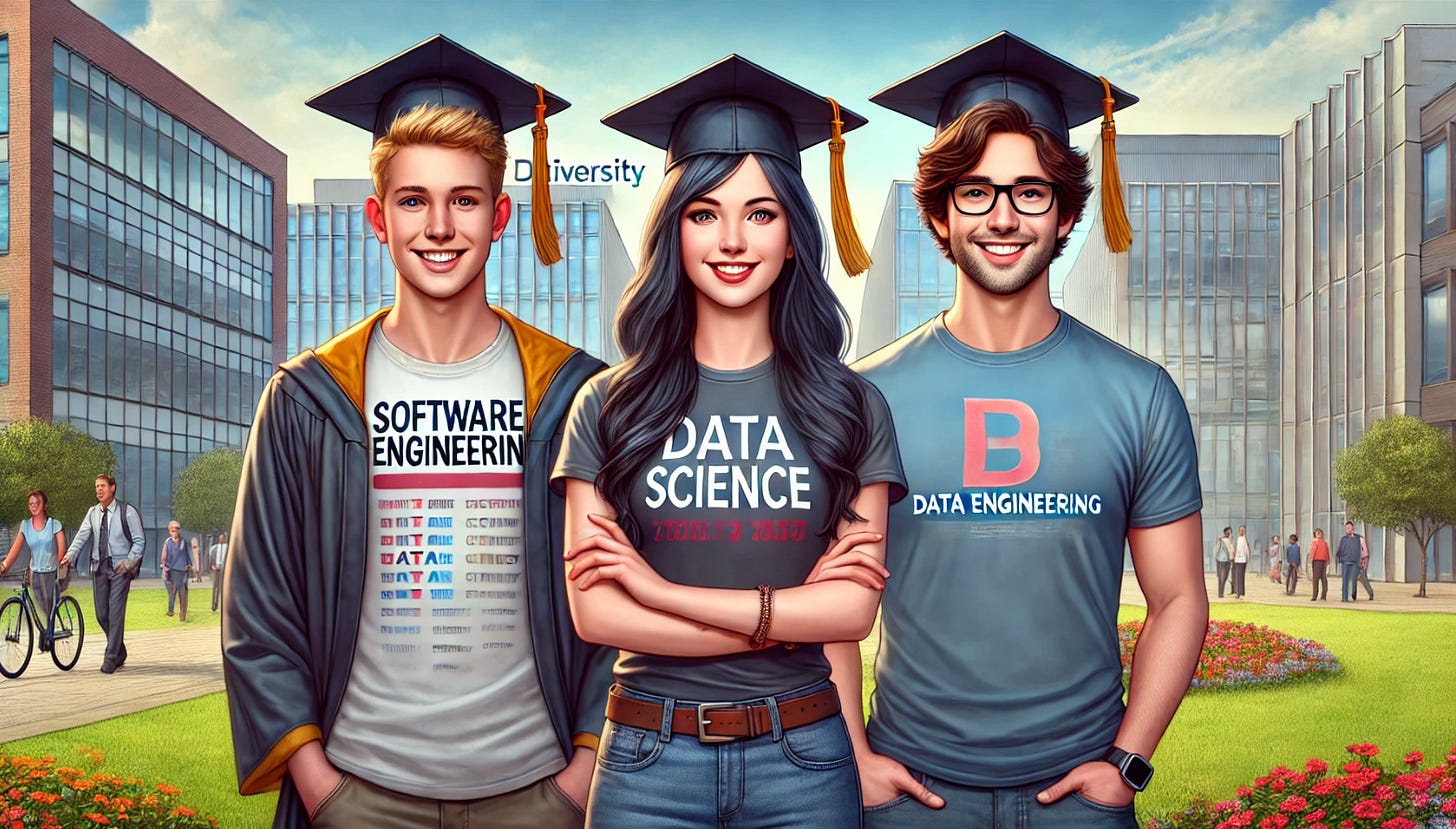 Prompt: Create a high-resolution, digital illustration set against a modern university campus background. In the foreground, feature three graduates standing side by side. The first graduate is wearing a graduation cap and a t-shirt that reads 'Software Engineering' with a confident smile; the second is similarly dressed with a 'Data Science' t-shirt and cap, radiating excitement. The third character, wearing a t-shirt with 'Data Engineering' printed on it, is noticeably not wearing a graduation cap and looks slightly out of place or puzzled. The image should have a lighthearted, semi-realistic style with vibrant colors, emphasizing the contrast between the traditional graduation look and the emerging identity of data engineering