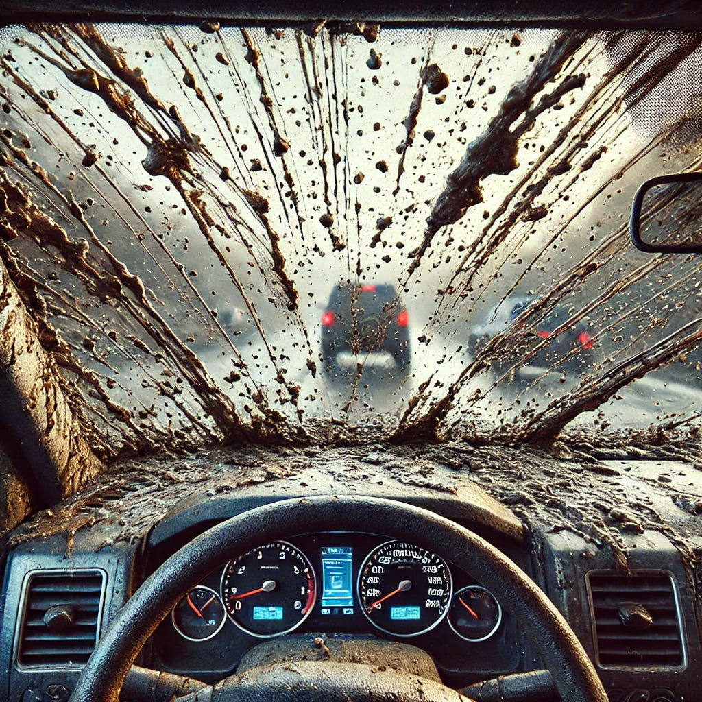 A realistic digital painting of a car windshield covered in thick mud splashes, obstructing the driver's view. The driver’s perspective from inside the car is shown, with windshield wipers attempting to clear the mess. The background is blurred but suggests a road and possibly other vehicles. The scene is slightly dramatic, emphasizing the struggle of seeing through the dirty windshield.