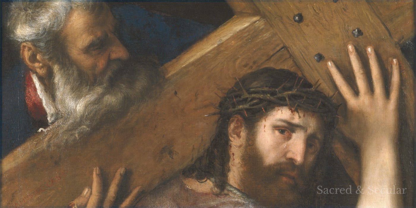 Traditional depiction of Simon of Cyrene helping Jesus carry the cross on the way to his crucifixion. Traditional depiction of Simon of Cyrene helping Jesus carry the cross on the way to his crucifixion.