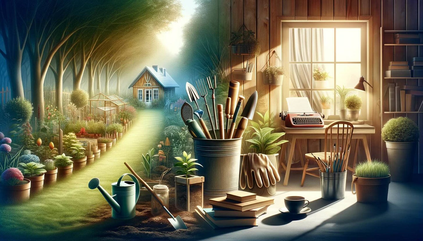 An image illustrating the theme of "Creative Gardening: Cultivating Your Writing" with elements of both gardening and a writer’s workshop. The image merges a serene garden setting with a cozy writing nook, symbolizing the connection between gardening and the creative writing process.