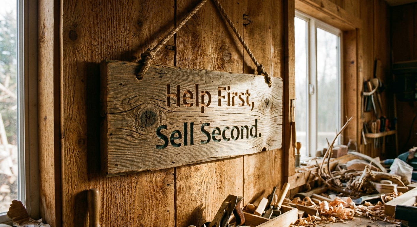 A crisp detailed photograph of a hand-carved wooden sign hanging on a cedar workshop wall The sign reads Help First Sell Second The wood grain is highly detailed with soft sunlight streaming in from a side window Warm authentic human_image_1