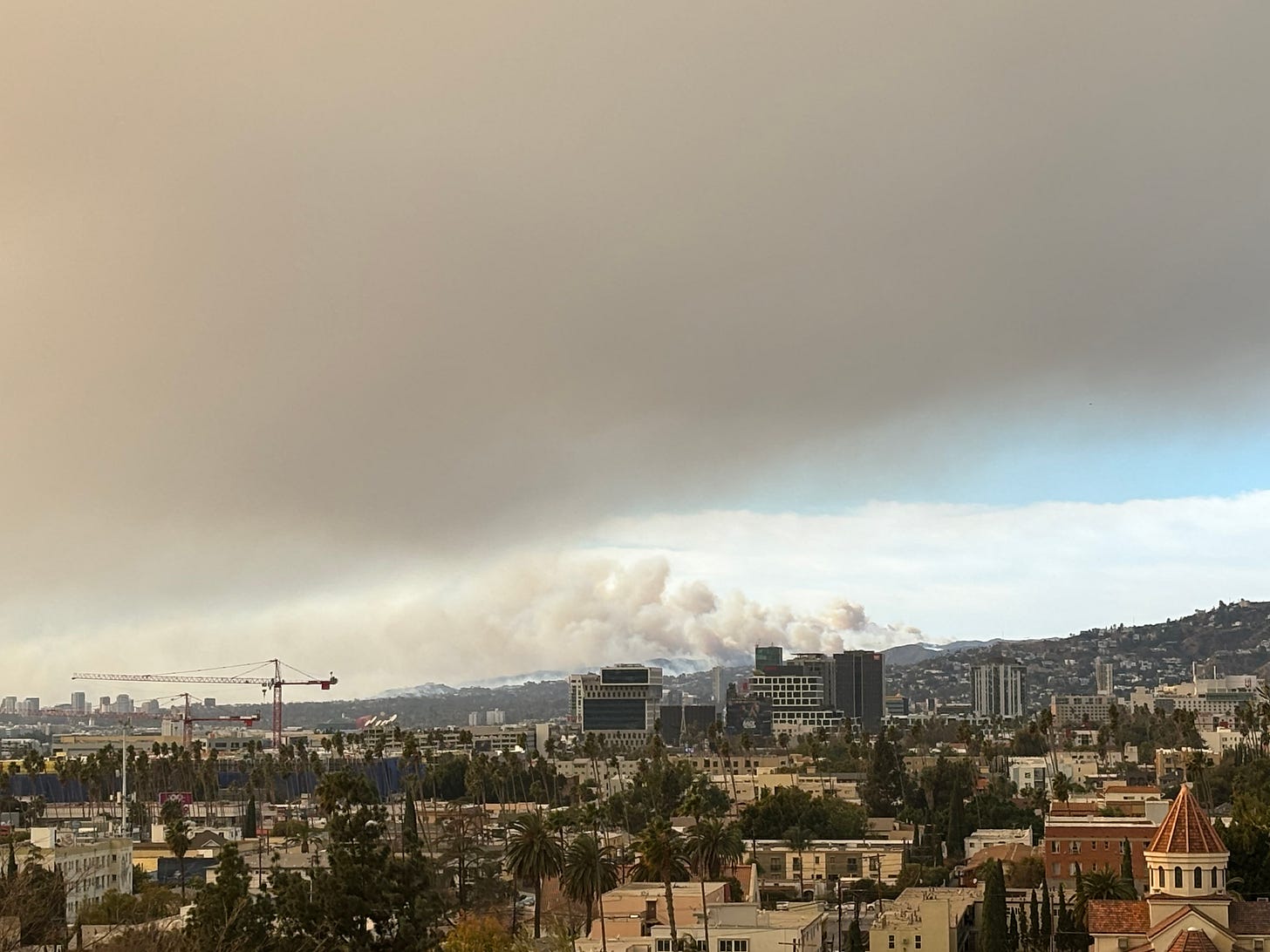 Smoke from the LA fires rising to blanket the sky in gray, January 2025