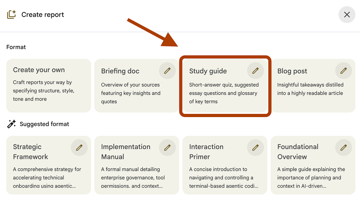 Study guide format options in NotebookLM Reports Study guide format options in NotebookLM Reports