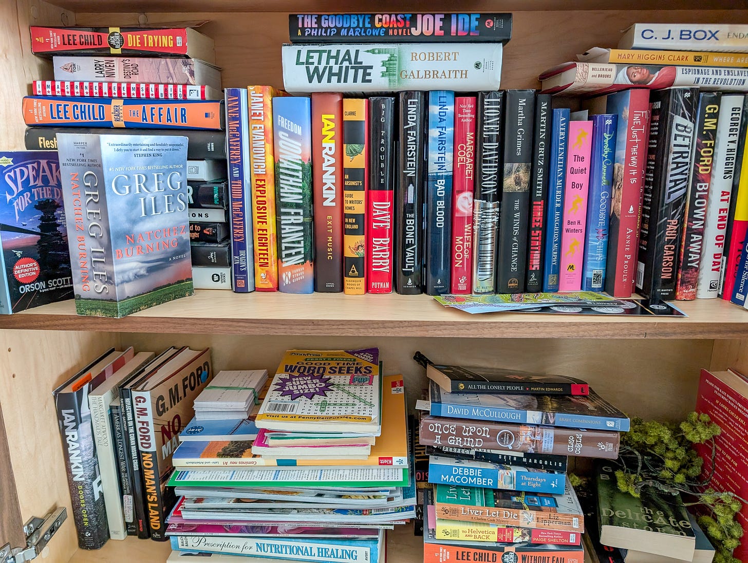 Shelves crowded with books and magazines