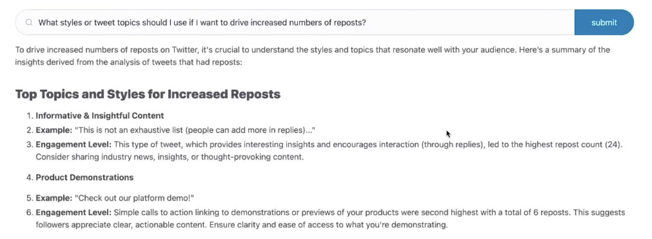 A web form with the question "What styles or tweet topics should I use if I want to drive increased numbers of reposts? And a thoughtful response based on the data. A web form with the question "What styles or tweet topics should I use if I want to drive increased numbers of reposts? And a thoughtful response based on the data.