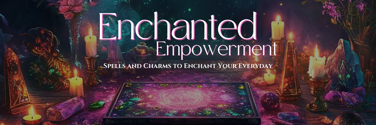 Enchanted Empowerment website banner with magical altar setup, glowing spell board, lit ritual candles, crystals, and magical artifacts against mystical nighttime background. Modern witchcraft spells and charms for everyday empowerment