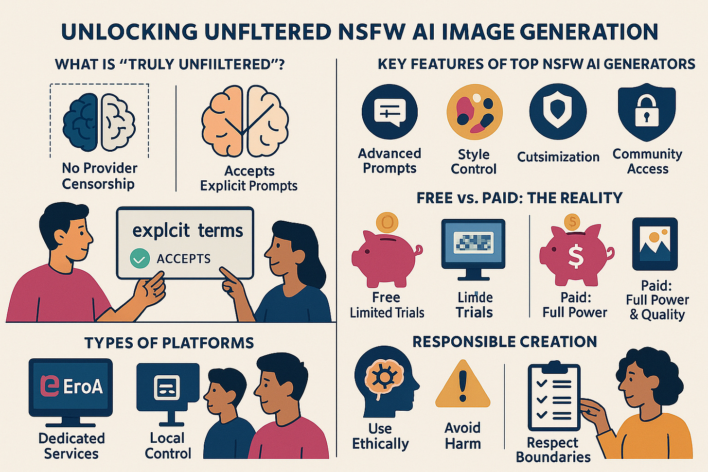 Infographic guiding users through NSFW AI image generation. Sections cover: what 'truly unfiltered' means, key features of NSFW AI tools, types of platforms (dedicated, local, community), the free vs. paid reality, and responsible creation practices. Features modern flat icons related to AI, creativity, privacy, and ethics