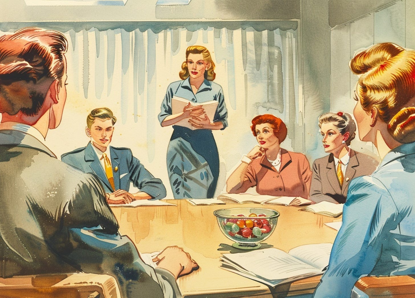 vintage watercolor illustration of a corporate HR meeting with employees seated uncomfortably while an HR representative presents printed policy documents vintage watercolor illustration of a corporate HR meeting with employees seated uncomfortably while an HR representative presents printed policy documents
