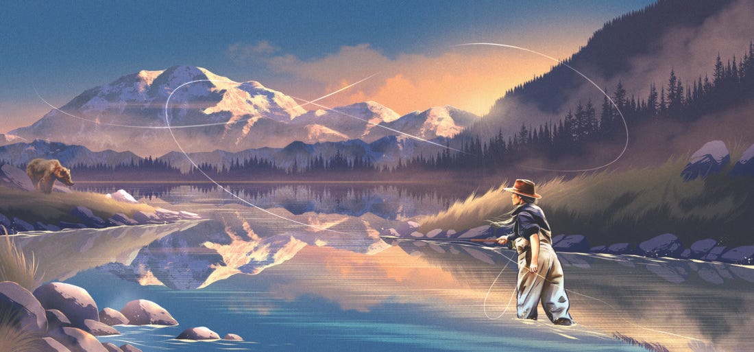 an illustration of a woman fishing in mountains an illustration of a woman fishing in mountains