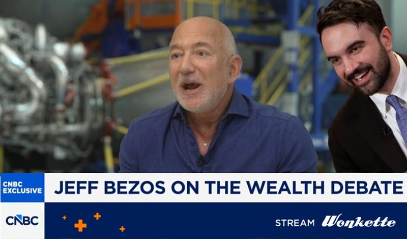 Screenshot of Jeff Bezos interview with CNBC; chyron reads 'Jeff Bezos on the wealth debate.' We have digitally added in an image of New York City Mayor Zohran Mamdani, tilted slightly to look like he's leaning into the frame to offer a rejoinder to Bezos. Chyron also digitally altered to replace the CNBC logo on one side with the Wonkette logo.