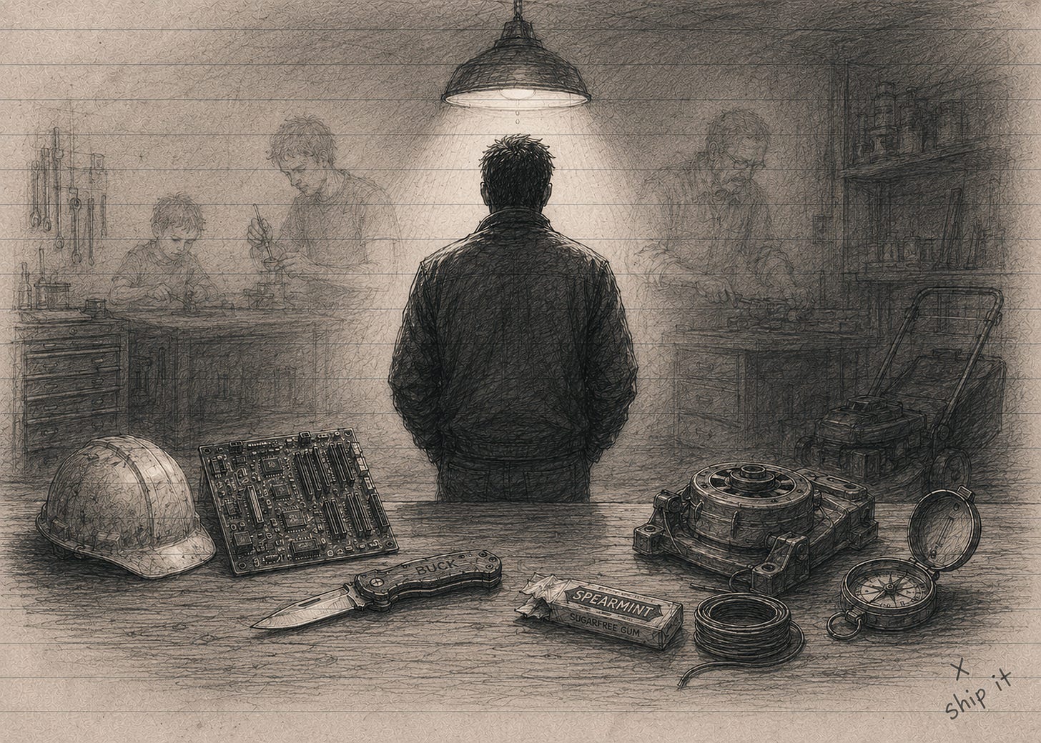 A black-and-white scratchboard-style illustration of a solitary figure standing at a workbench surrounded by objects collected from different stages of life, including a hard hat, computer motherboard, Swiss Army knife, compass, lantern, chewing gum, family photograph, and machine parts. Faint silhouettes of a mentor and earlier versions of the figure appear in the background, suggesting knowledge passed from one generation to the next. Dramatic lighting and deep shadows emphasize the themes of judgment, resourcefulness, accumulated experience, and the lasting impact of a teacher whose lessons continue to shape how problems are solved. A black-and-white scratchboard-style illustration of a solitary figure standing at a workbench surrounded by objects collected from different stages of life, including a hard hat, computer motherboard, Swiss Army knife, compass, lantern, chewing gum, family photograph, and machine parts. Faint silhouettes of a mentor and earlier versions of the figure appear in the background, suggesting knowledge passed from one generation to the next. Dramatic lighting and deep shadows emphasize the themes of judgment, resourcefulness, accumulated experience, and the lasting impact of a teacher whose lessons continue to shape how problems are solved.
